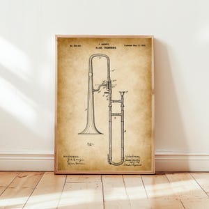 Vintage trombone design from 1902 from US Patent Office. Poster gift for trombone player, trombonist, musician, music lover, brass band