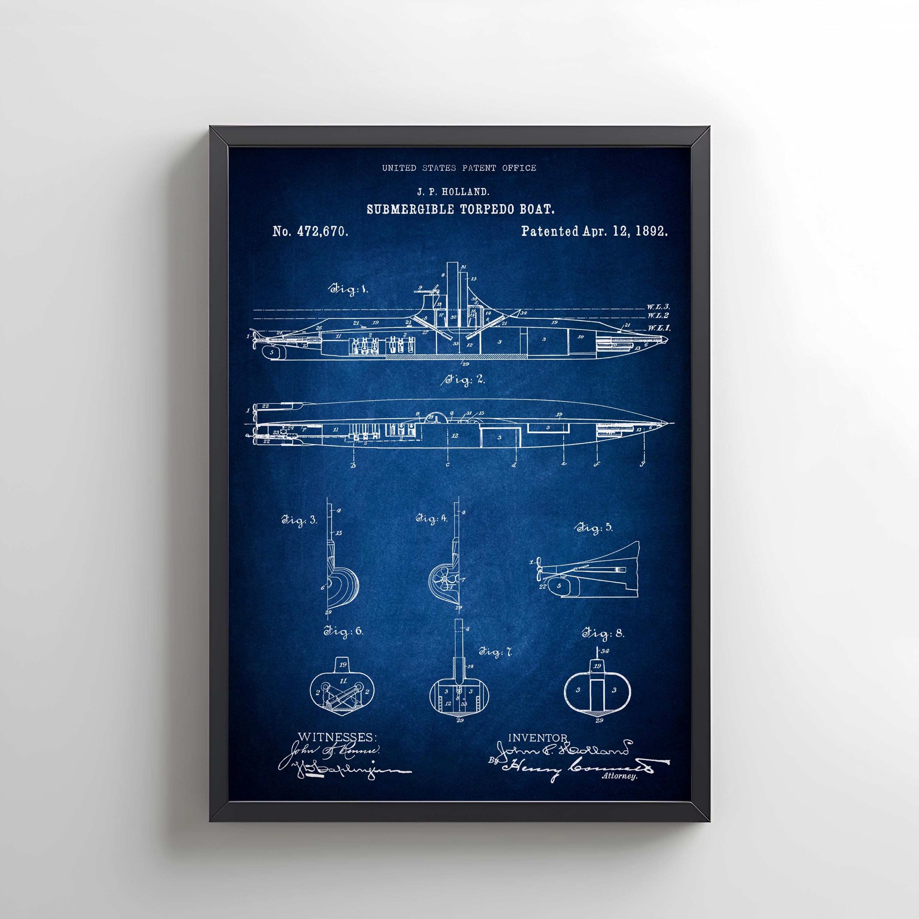 Vintage Naval Submarine Torpedo Boat From 1892 From US Patent Office ...