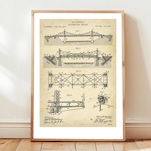 May include: A framed patent print on aged paper featuring technical drawings of a suspension bridge by M.H. Sturgis, dated January 28, 1902. The document includes four distinct diagrams labelled Fig. 1 through Fig. 4, with patent number 691,982.