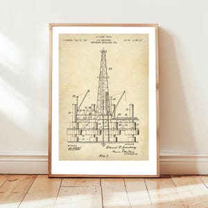 Offshore drilling rig from US Patent Office. Poster gift oil industry, petroleum, exploration, oil and gas wall art, oil well drilling,