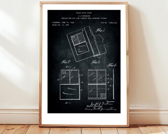 Library book card design from US Patent office. Poster gift librarian, library, bookshop, bookseller,  reader, bookworm