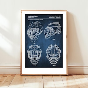 Ice hockey goalie mask from US Patent office. Poster gift for goaltender, ice hockey goalie, winter sport, ice hockey wall art