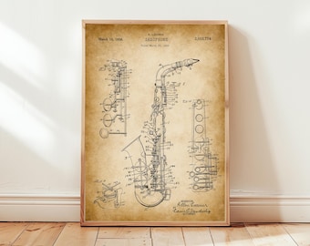 Saxophone design from 1936 from US Patent Office. Poster gift saxophonist, alto sax, musical instrument, musician, music lover, band,