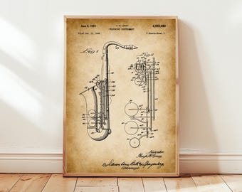 Tenor saxophone design from 1951 from US Patent Office. Poster gift for saxophone player, saxophonist, jazz fan, music lover, musician, sax