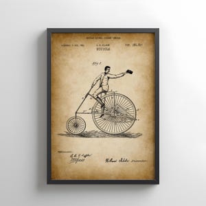 Vintage bicycle design from 1883 from the US Patent Office. Poster gift for cyclist, cycling fan, bicycle, history, steampunk, old cycle