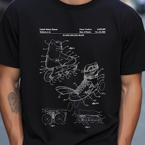 T-shirt met patentprint voor inline skaters, historisch rolschaatsdesign | 100% Amerikaans katoen | Unisex kleding, cadeau met technische kunst