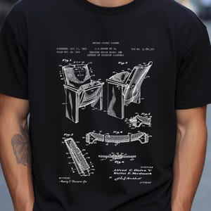 Theaterstoelontwerp van US Patent Office. T-shirtcadeau, theaterkunst aan de muur, theatergeschiedenis, meubels, publiek, theaterbezoeker