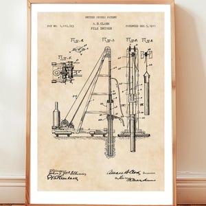 Construction pile driver design from US Patent Office. Poster gift civil engineer, industrial art, office decor, for him, contractor