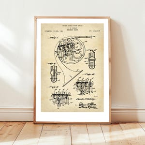 French Horn by Hubley vintage patent design from US Patent Office. Poster gift  French horn player, musician, brass instrument, Music room,
