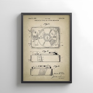 FREE US postage. Vintage record player design from the US Patent Office. Perfect poster gift for music lover,  vinyl fans, record collector
