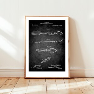 Antique spork spoon and fork combination design from 1889 from US Patent Office. Poster gift for kitchen, cook, camping, utensil,