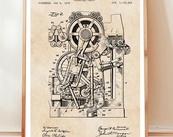 Printing press design from 1914 from US Patent Office. Poster gift, author, writer, journalist news media, printing art, steampunk, print,