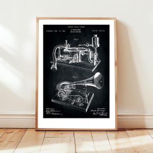 Antique gramophone from 1895 US Patent office. Poster gift audiophile, music lover, musician, record player, vintage gramophone, steampunk