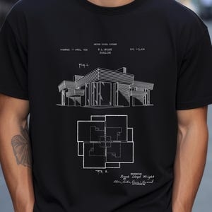 Könnte beinhalten: Schwarz-weiß-Linienzeichnung eines Hausentwurfs-Patents. Das Patent ist für ein Wohngebäude von Frank Lloyd Wright. Die Patentnummer lautet 115.204. Das Patentdatum ist der 11. April 1939.