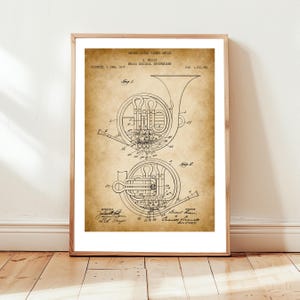 French Horn by Rossi patent design from US Patent Office. Poster gift French Horn player, musician, music room wall art, brass instrument