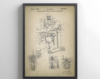 Turret type milling machine vintage design from 1959 from the US Patent Office. Poster gift metalworker, machinist, mechanic, metal shop