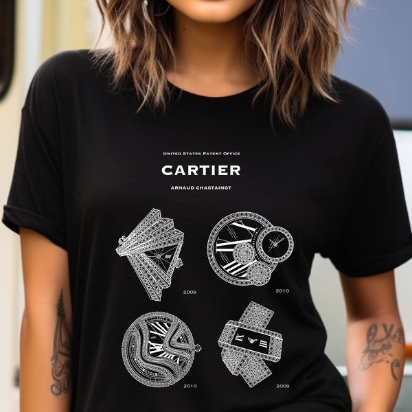 T shirt with US patent office designs for a variety of  Cartier watches by Arnaud Chastaingt, Quality T shirt as gift for watch collectors