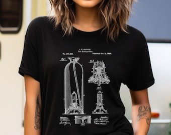 Fire Extinguisher, Vintage Firefighter Patent Illustration Apparel | Made In USA Cotton T-shirt | 1880 Historic Drawing