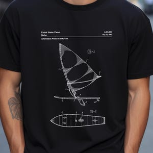 Puede incluir: Dibujo en blanco y negro de una patente para una tabla de windsurf compuesta. El número de patente es 4.331.093 y la fecha es el 25 de mayo de 1982. El dibujo muestra una vista lateral de la tabla de windsurf con una vela adjunta.