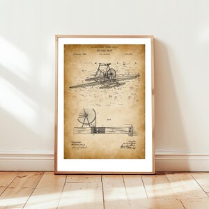 Vintage bicycle boat design from 1876 from US Patent Office. Poster gift for cyclist, cycling fan, bicycle, history, steampunk, old cycle