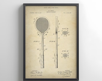Vintage design of a squash racquet from 1928 from US Patent Office. Poster gift for squash player, racquet sports, squash racket