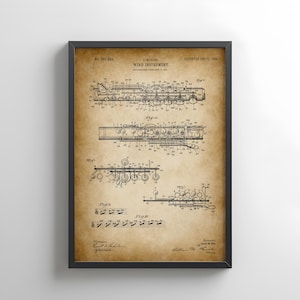 Vintage clarinet from 1903 from US Patent Office. Poster gift for clarinettist, clarinet player, woodwind, band, musical instrument
