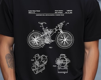Mountain bike frame design from US Patent Office. T-shirt gift for cyclist, cycling, mountain biking, sport, bicycle, suspension, biker