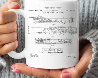 Vintage oboe design from 1888 from US Patent Office. Mug gift for oboe player, oboist, woodwind, music lover, musician, orchestra,