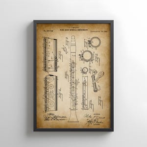 Vintage clarinet from 1894 from US Patent Office. Poster gift for clarinettist, clarinet player, woodwind, band, musical instrument