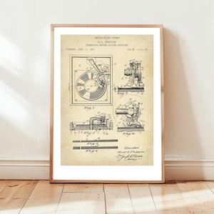 Vintage phonograph record player design from 1922 from  US Patent Office. Poster gift audiophile, music lover, retro vintage record player