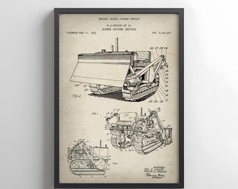 Design of earth moving bulldozer machine from 1936 from the US Patent Office. Poster gift for construction worker, bulldozer wall art, decor