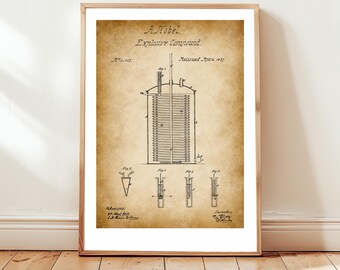 Alfred Nobel design for nitroglycerine from 1869 from US Patent Office. Poster gift ordinance, demolition, dynamite, nitroglycerin, mining