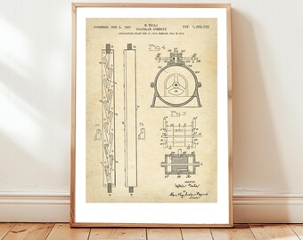 Design of Tesla valve or valvular conduit from 1920 from US Patent office. Poster gift for hydraulics engineer, civil engineer, nikola tesla