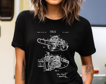 Design Of A Chainsaw, Graphic T-Shirt | Made In USA Cotton | Historic Patent Drawing, Lumberjack Gift