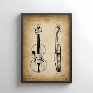 Antique violin design from 1992 from US Patent Office. Poster gift for violin player, violinist, music lover, musician, music room