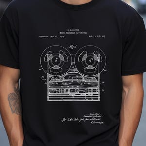 Reel to reel tape recorder design from US patent Office. T-shirt gift recording studio, music lover, audiophile, musician, retro design,