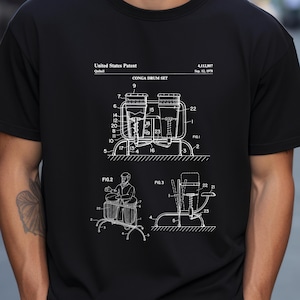 Op de afbeelding: Een zwart-witte lijntekening van een patent voor een conga-drumstel. Het patentnummer is 4,112,807 en de datum is 12 september 1978. De tekening toont een conga-drumstel met twee drums en een standaard. De tekening toont ook een persoon die conga's bespeelt.