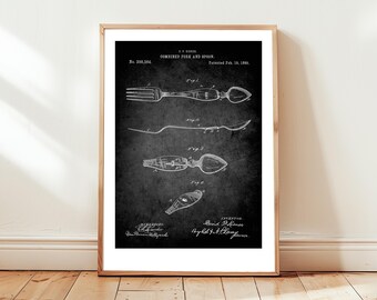 Antique spork spoon and fork combination design from 1889 from US Patent Office. Poster gift for kitchen, cook, camping, utensil,