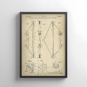 Archery bow design from 1969 from US Patent Office. Poster gift for archer, archery, sport, bow and arrow, archery wall art, archers gift,
