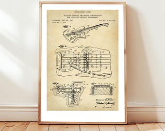 Guitar bridge and tremolo from US Patent Office. Poster gift, guitarist, guitar player, musical instrument, musician, music room wall art,