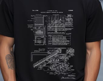 Pierwszy programowalny komputer ENIAC z 1964 r. z US Patent Office. Prezent w postaci koszulki dla informatyków, inżynierów komputerowych, programistów, programistów, maniaków oprogramowania i technologii.