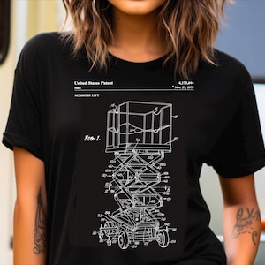 Scissor lift machine design from US Patent Office. T-shirt gift warehouse operative, logistics, inspection, construction professional