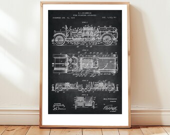 Vintage fire engine design from 1912 from US Patent office. Poster gift for firefighter, fireman, fire engine wall art, steampunk,
