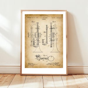 Diseño de corneta de 1915 de la Oficina de Patentes de EE. UU. Póster de regalo para trompetistas, músicos, amantes de la música y aficionados a la corneta.