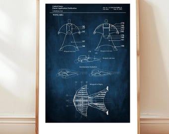 Wingsuit design from US Patent office. Poster gift for wingsuit pilot, action , adventure sports, wingsuit flier, base jumper, wing suit