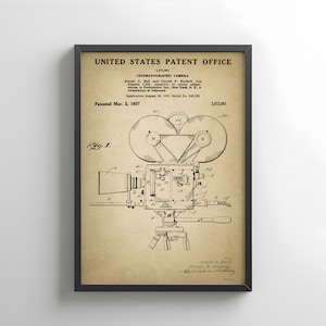 Cinematographic camera design by Ball from 1937 from US Patent Office. Perfect gift for movie fan, filmmaker, cinema, camera, photography