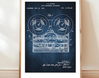 Reel to reel tape recorder design from US patent Office. Poster gift recording studio, music lover, audiophile, musician, retro design,