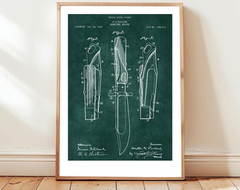 Hunting knife design from US Patent Office. Poster gift for hunter, hunting, outdoorsman, camping, prepper, outdoor sport