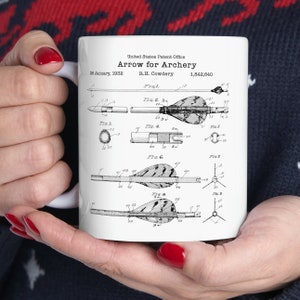 Archery Arrow Patent, Historic US Patent Office Mug | Ceramic | 11oz 15oz Archery Lover Gift, Technical Drawing Drinkware