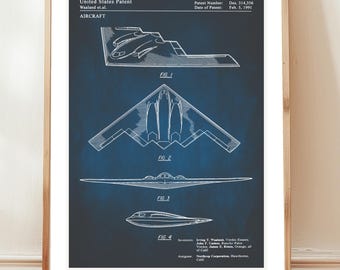 B2 stealth bomber design from US Patent Office. Poster gift pilot, air force, military , aeronautics, aeronautical engineer, US air force